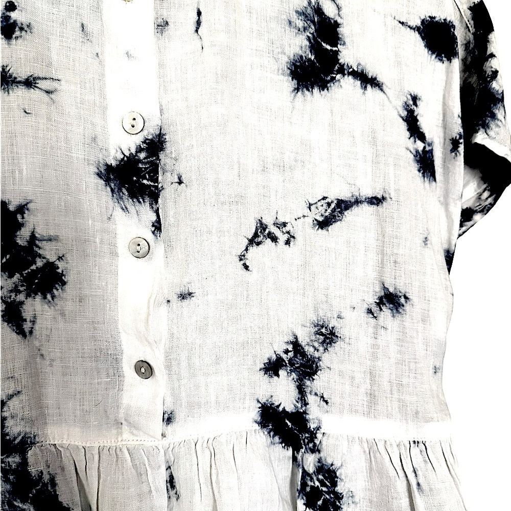 Rachel Zoe Blue White Tie-Dye Linen Button Front Collared Peplum Cropped Top - Picture 13 of 16